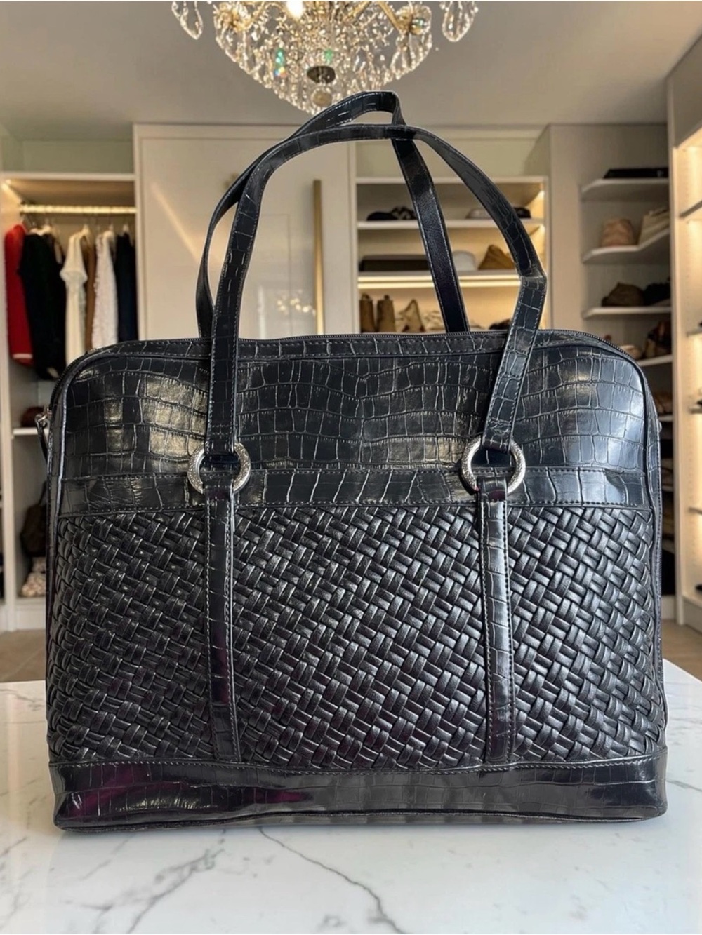 Coldwater Creek Hampton Black Woven Croc Embossed Laptop Tote Briefcase
